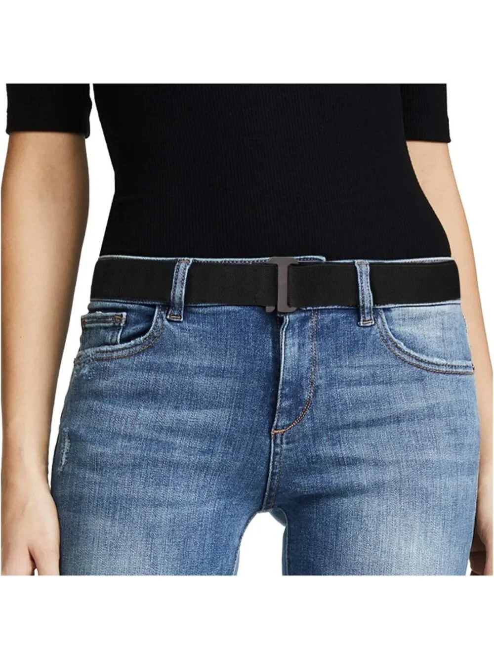 No Show Stretch Belt for Women - Elastic Web Strap with Flat Buckle for Jeans